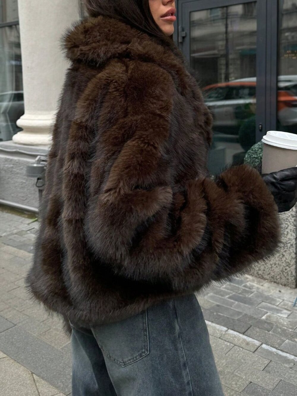 Mocha Brown Casual Women's Faux Fox Fur Coat - Picture 3 of 8